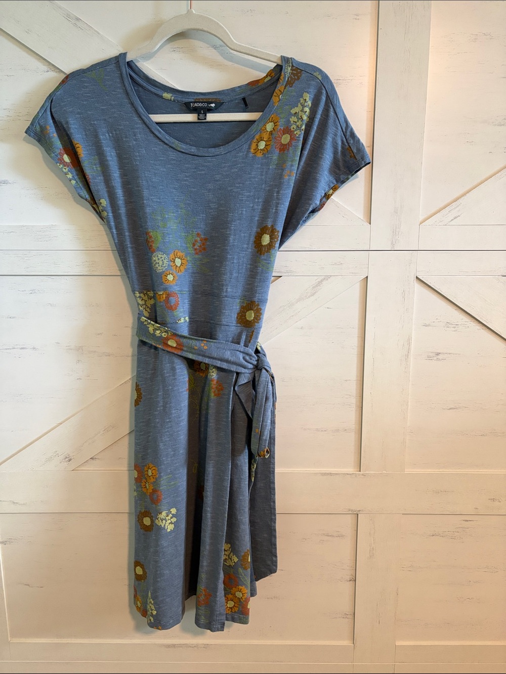 Toad & Co Dusty Blue Floral Tie-Belt T-Shirt Dress